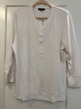 J. Crew White Ribbed Henley 3/4 Sleeve Top